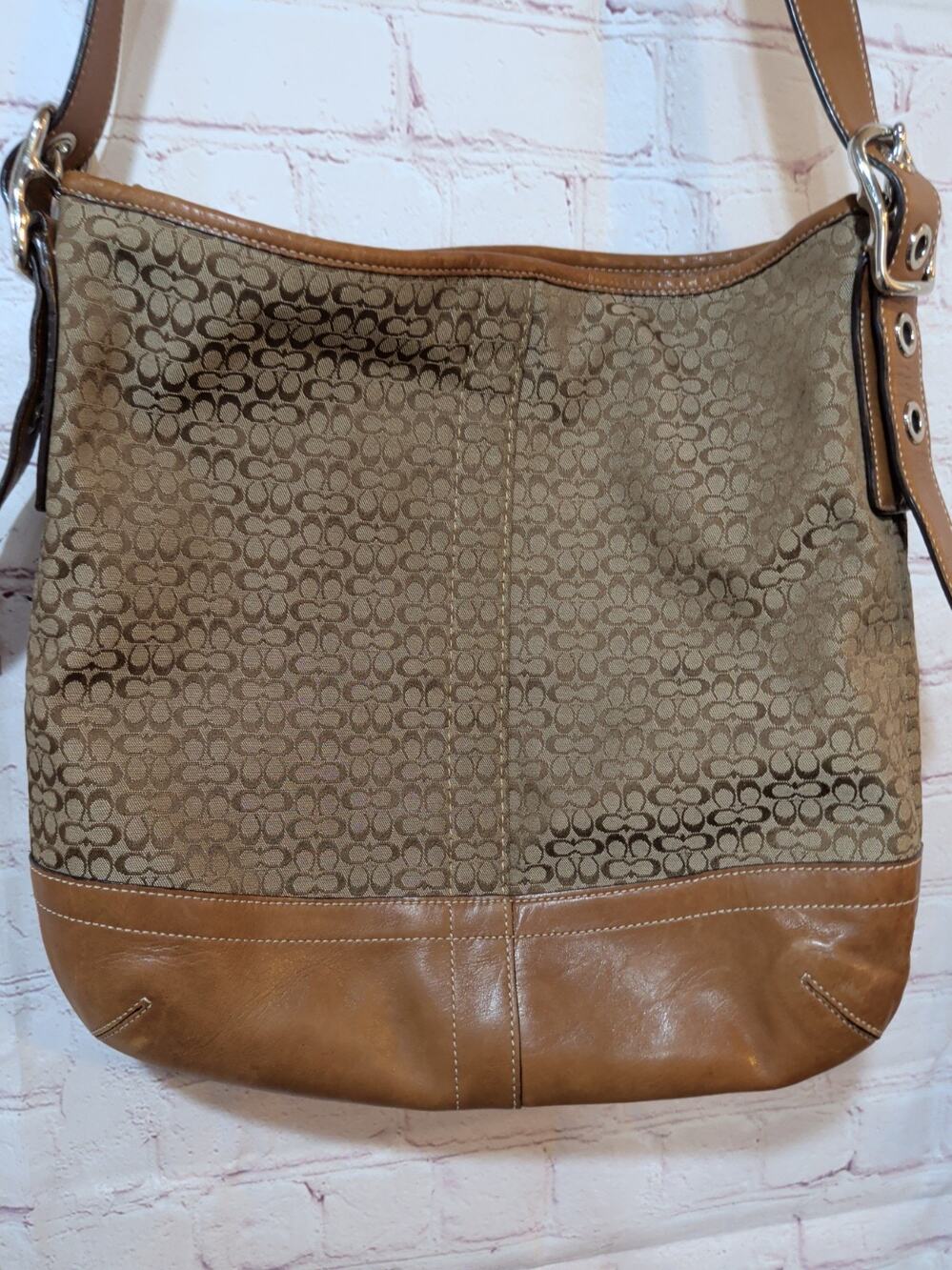 Coach Signature Jacquard Crossbody Shoulder Bag Brown Leather Trim F10416